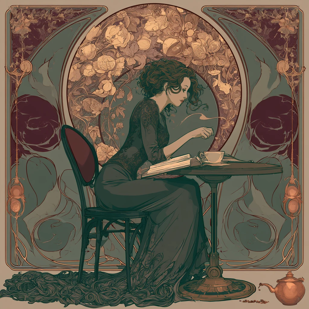 Elegant art nouveau poster of woman reading in a cafe