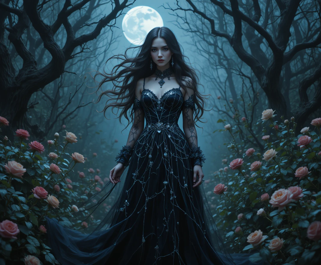 Donna gotica in un giardino al chiaro di luna tra spine e rose