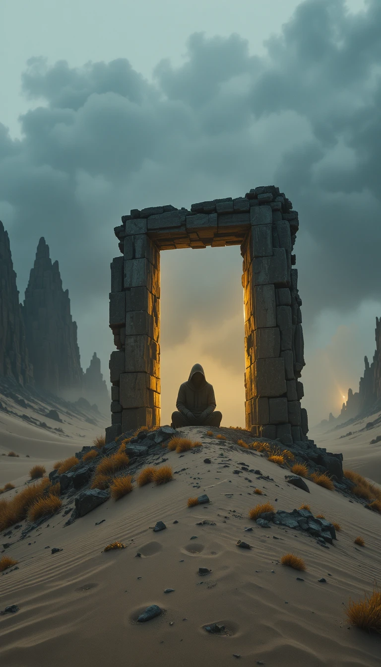 Lone hooded figure on crumbling arch in desolate desert