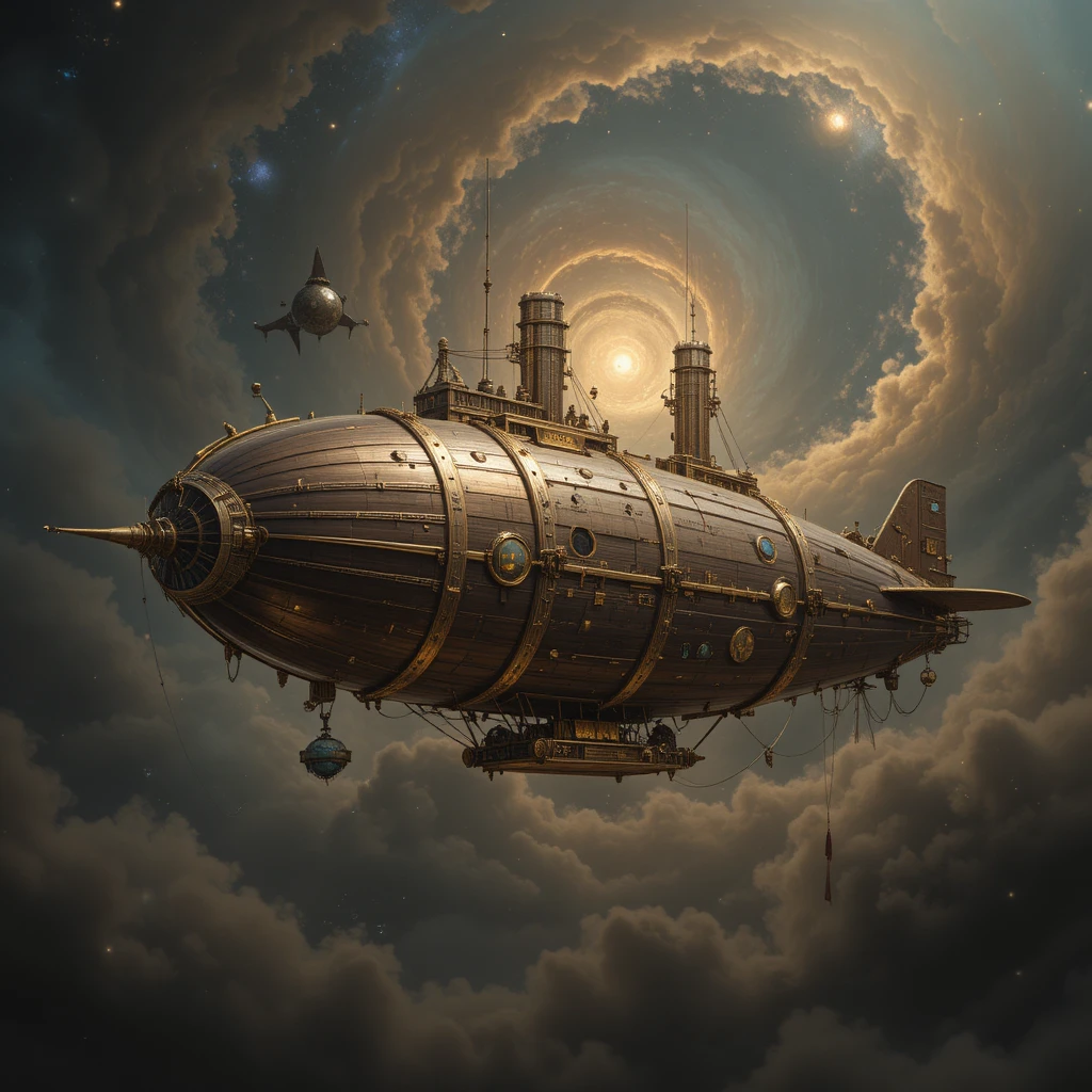 Majestic brass airship drifting above a glowing nebula