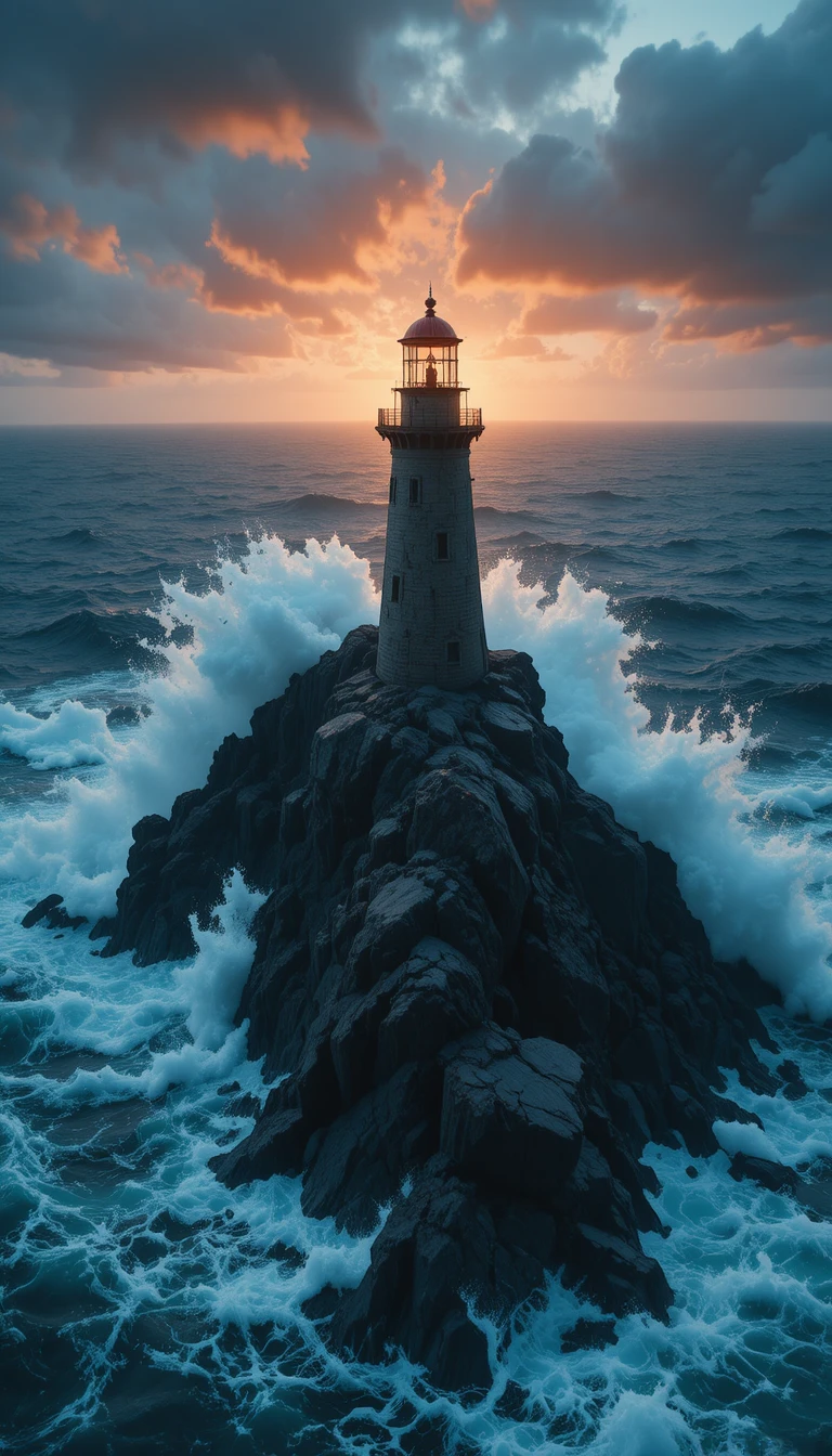 Stormy sea lighthouse at sunset with crashing waves
