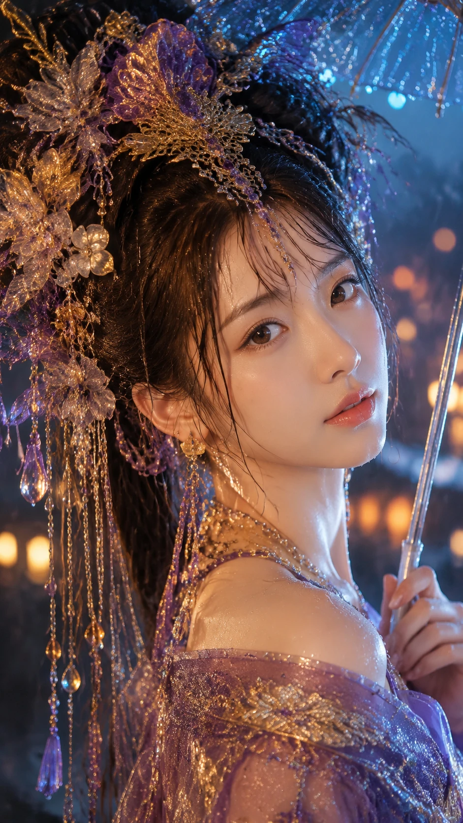 Wistful courtesan in rainlit cinematic close up portrait