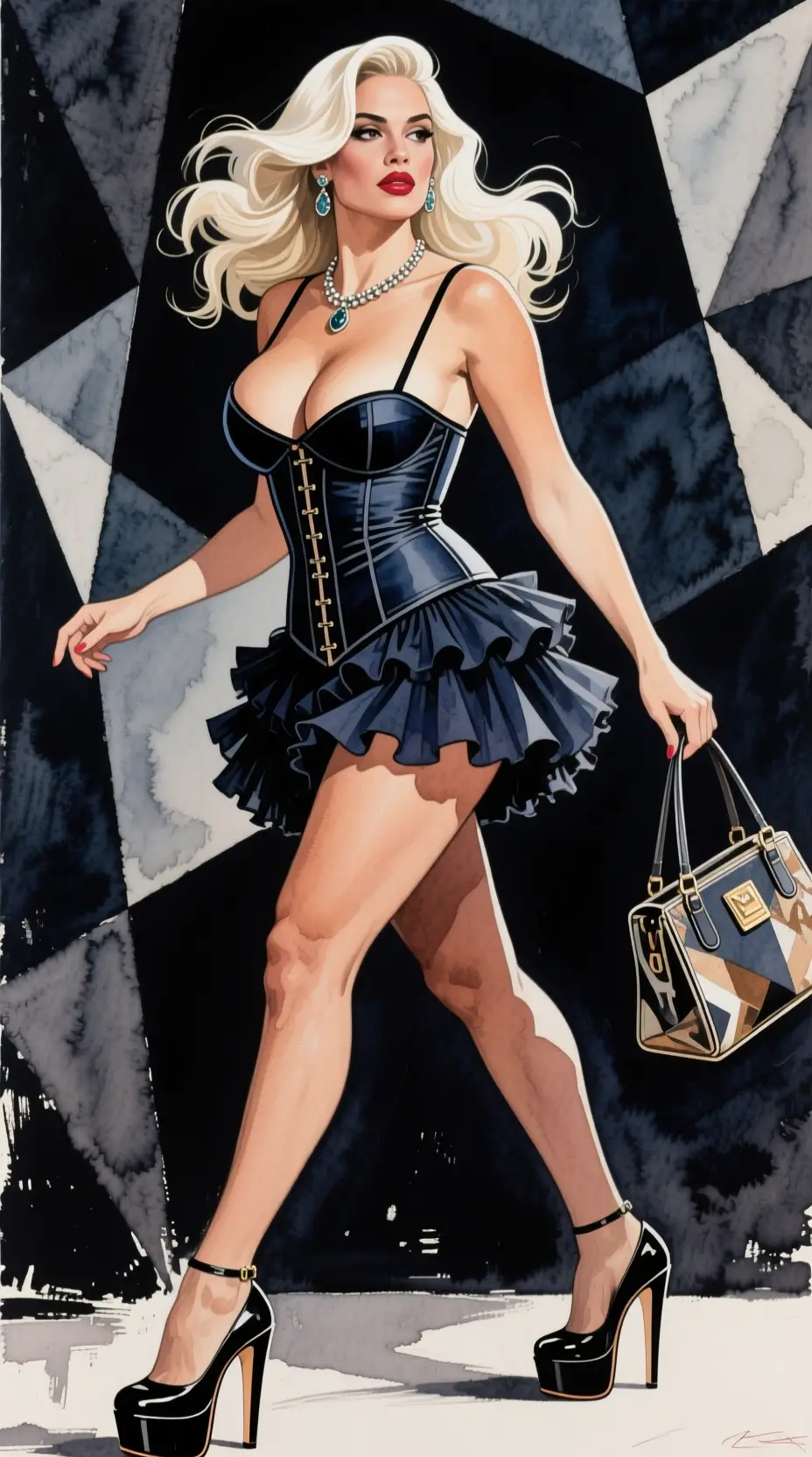 Cubist painting of a curvaceous woman with bag and heels