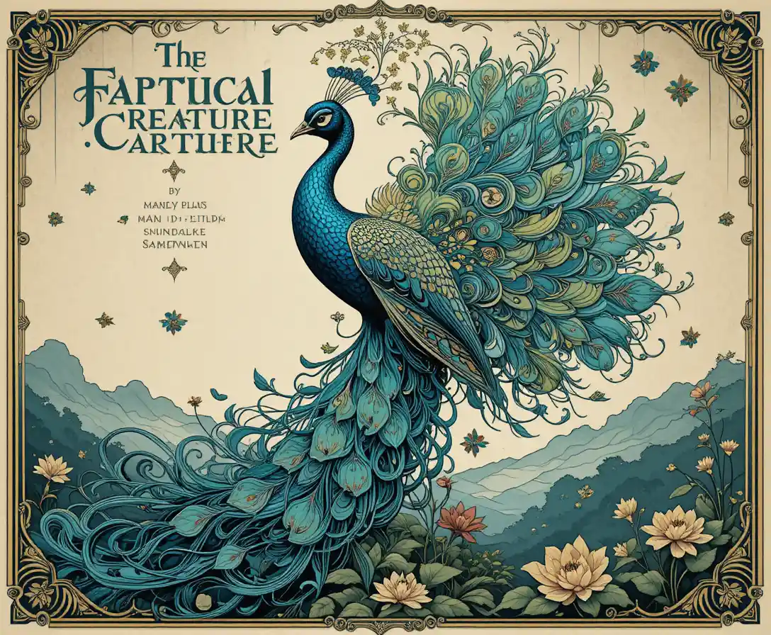 Art Nouveau peacock poster with flowing floral tail