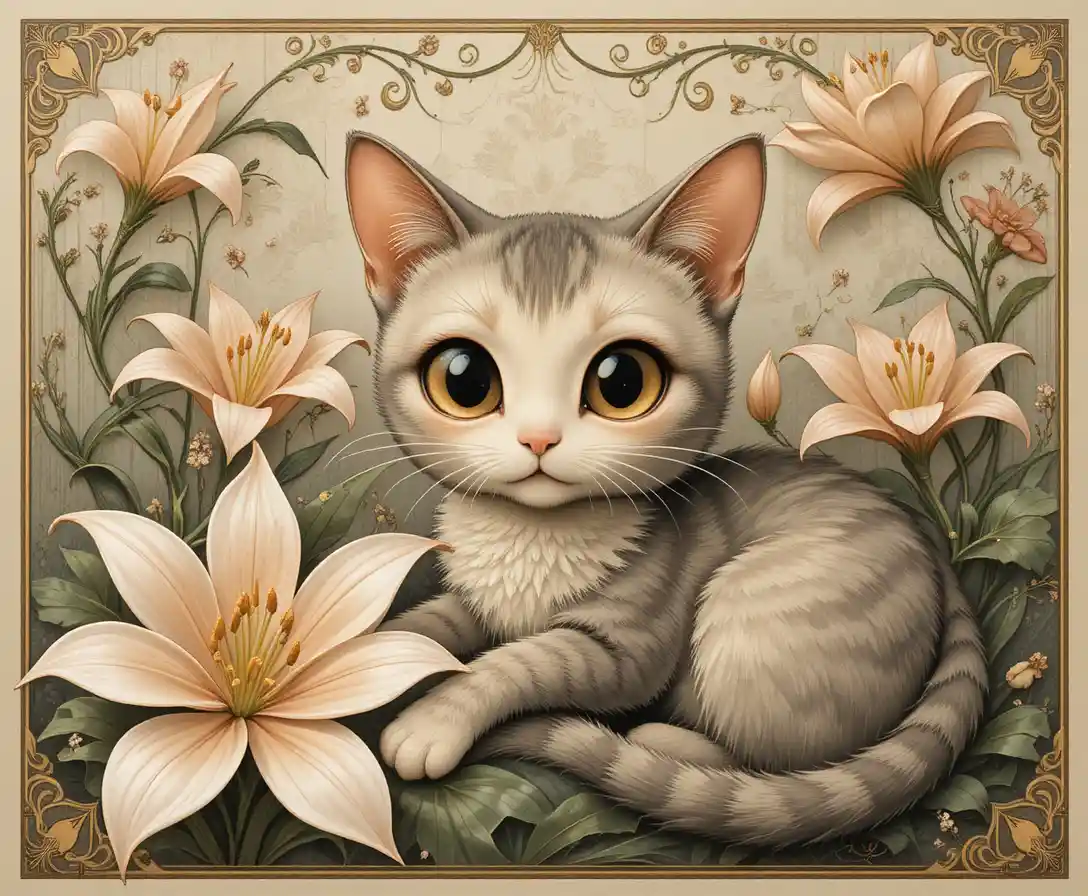 Cute art nouveau cat among flowing lilies and vines
