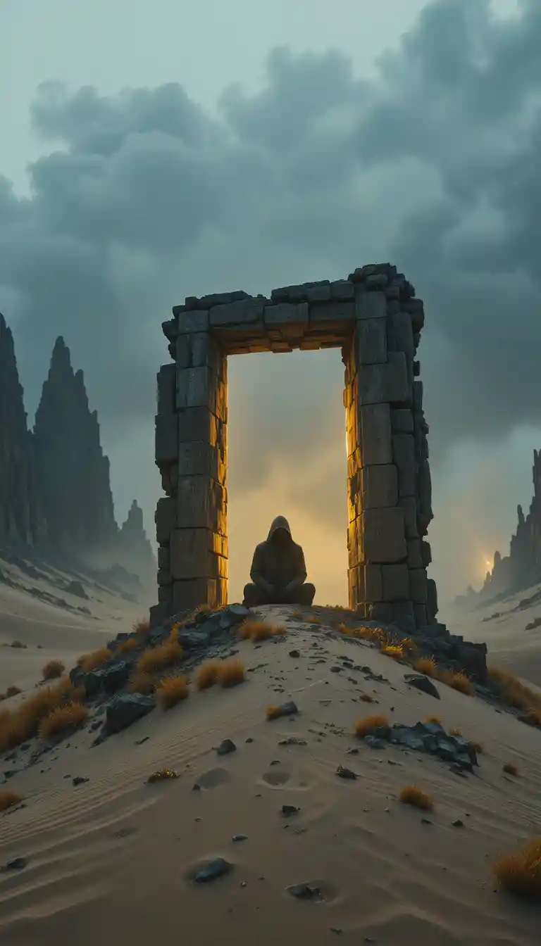 Lone hooded figure on crumbling arch in desolate desert