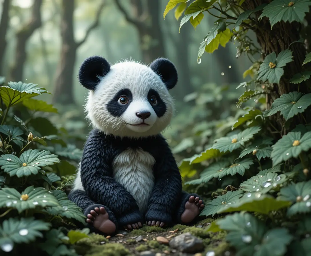 Whimsical embroidered panda in a lush enchanted forest