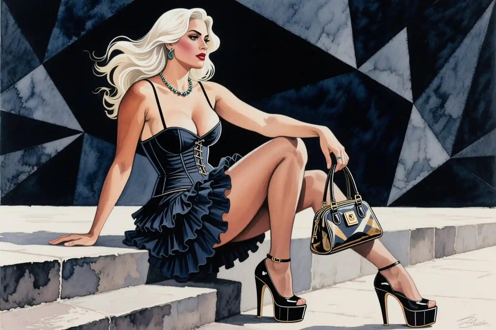 Cubist painting of a stylish woman with bag on steps