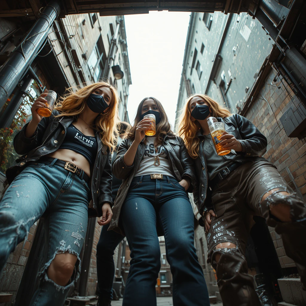 All female rock band relaxing together on city rooftop