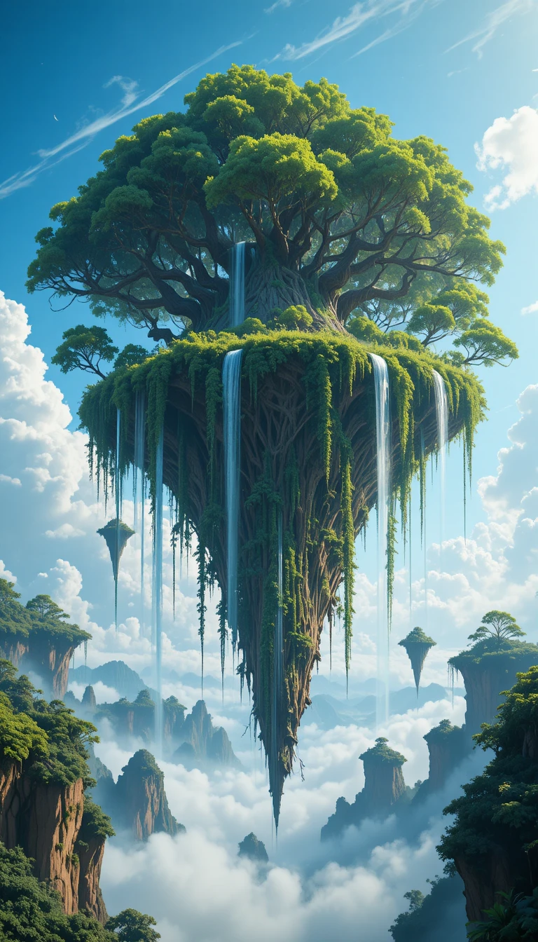 Ancient world tree rising from a floating island in clouds