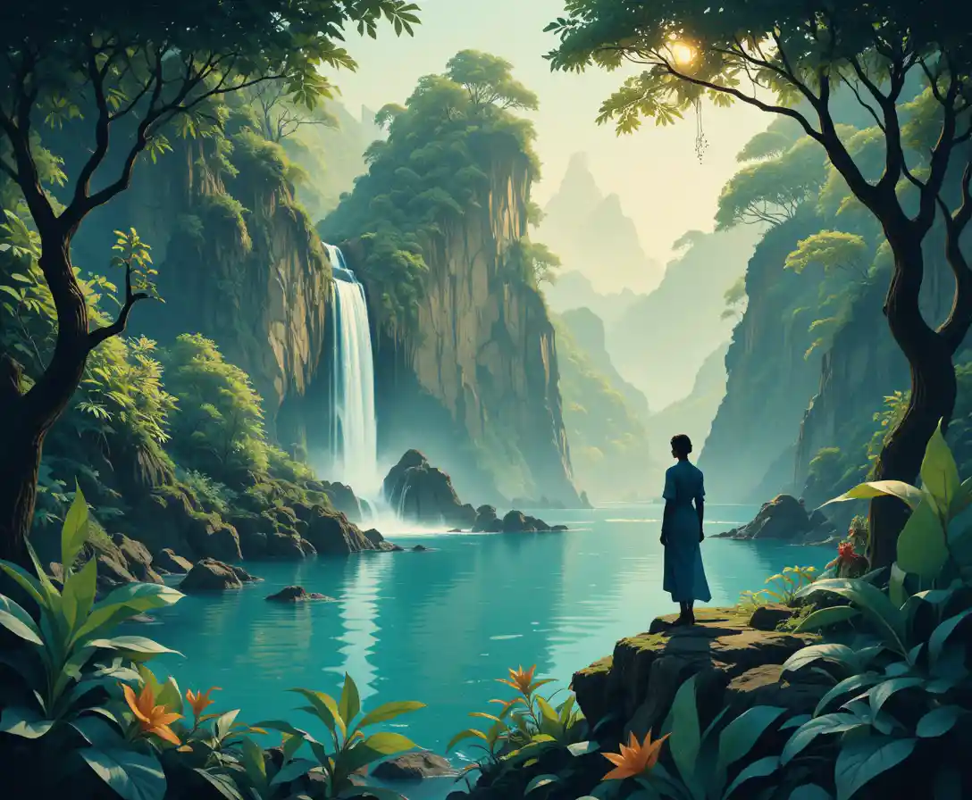 Art nouveau travel poster of a mystical island waterfall