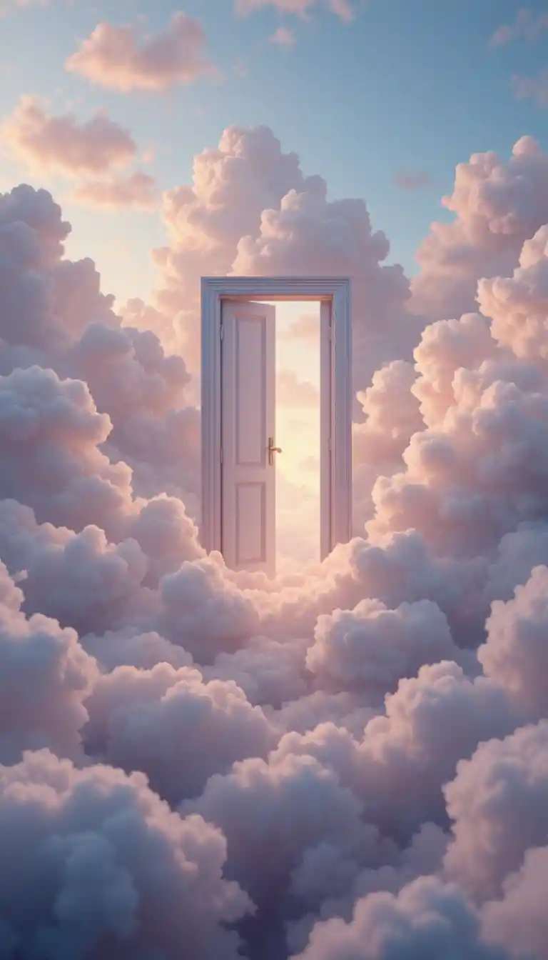 White door glowing above a sea of dreamy clouds