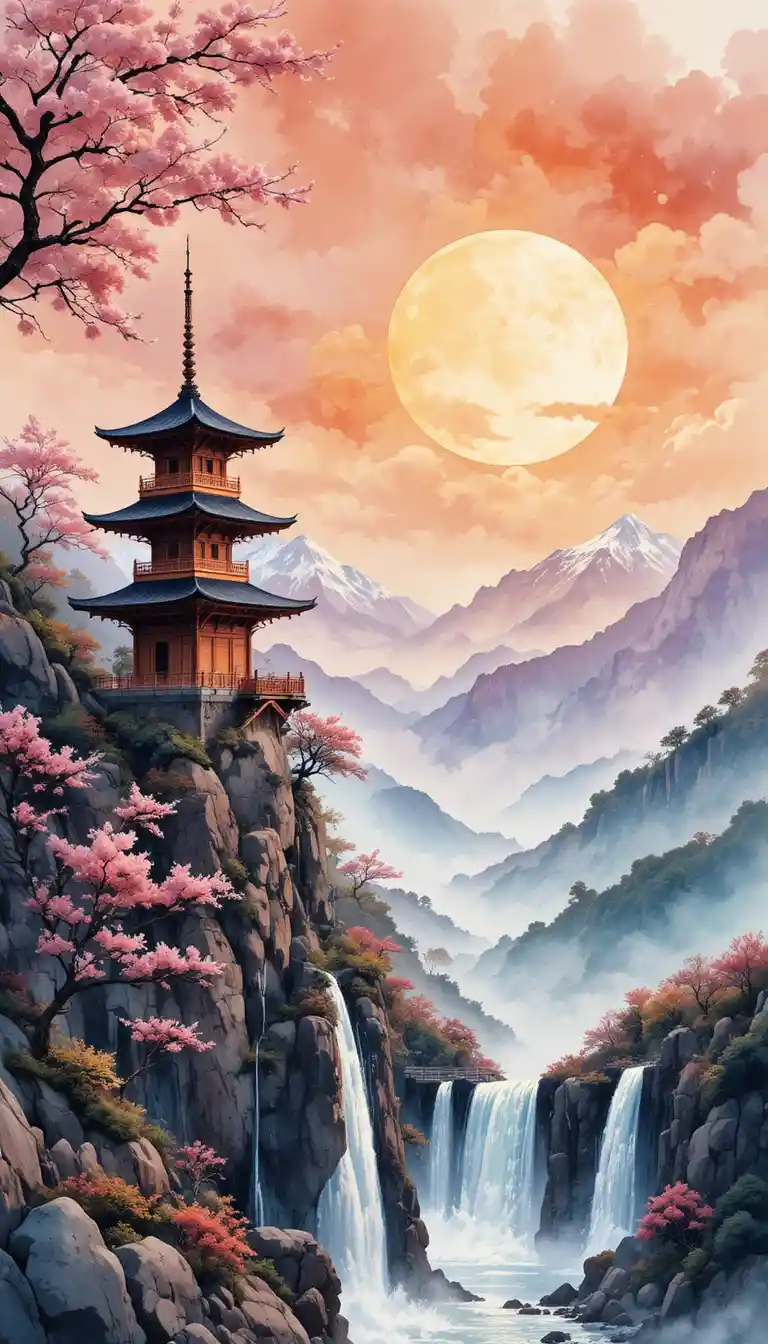 Watercolor pagoda above waterfalls at sunset in misty mountains