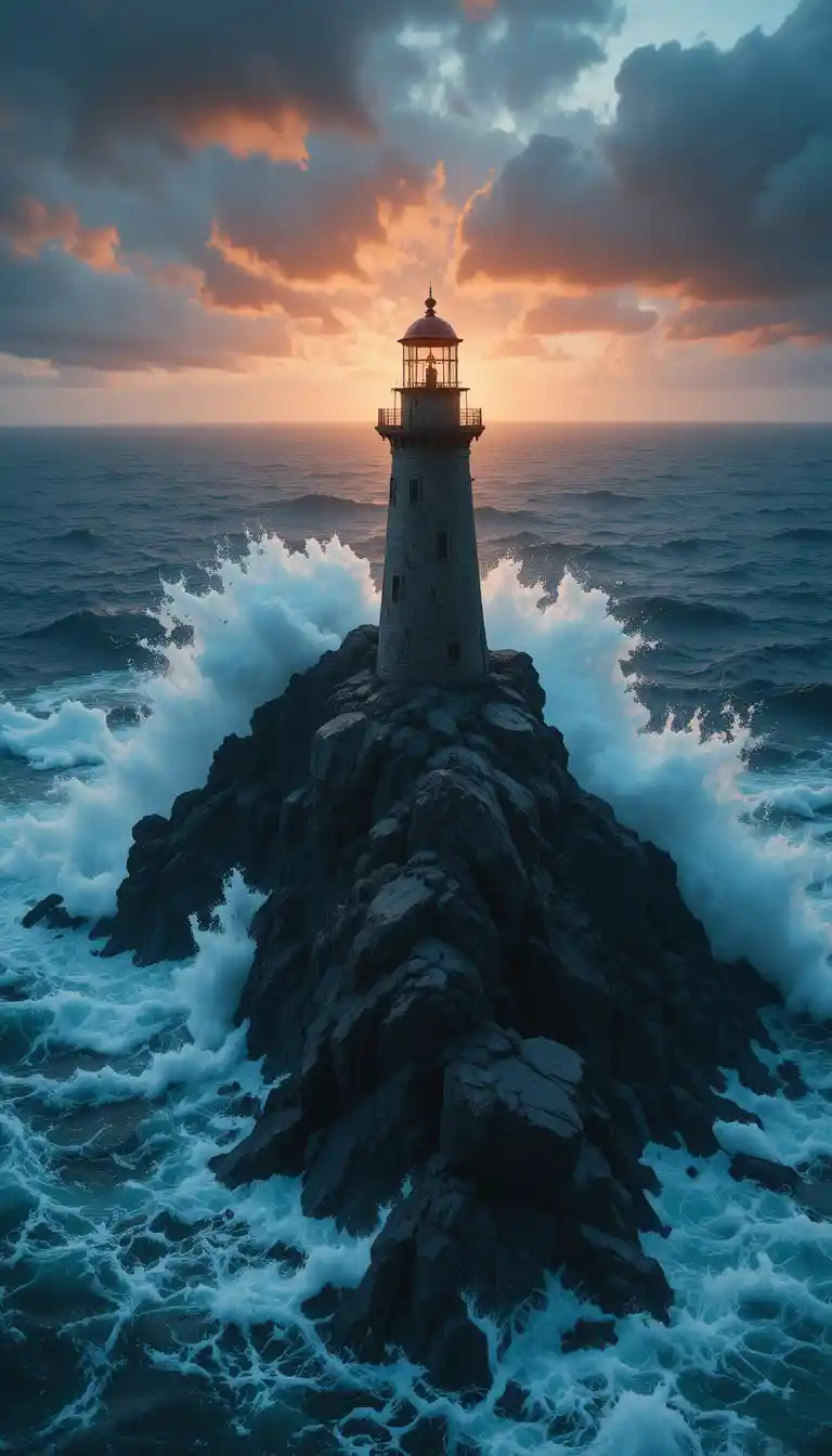 Stormy sea lighthouse at sunset with crashing waves