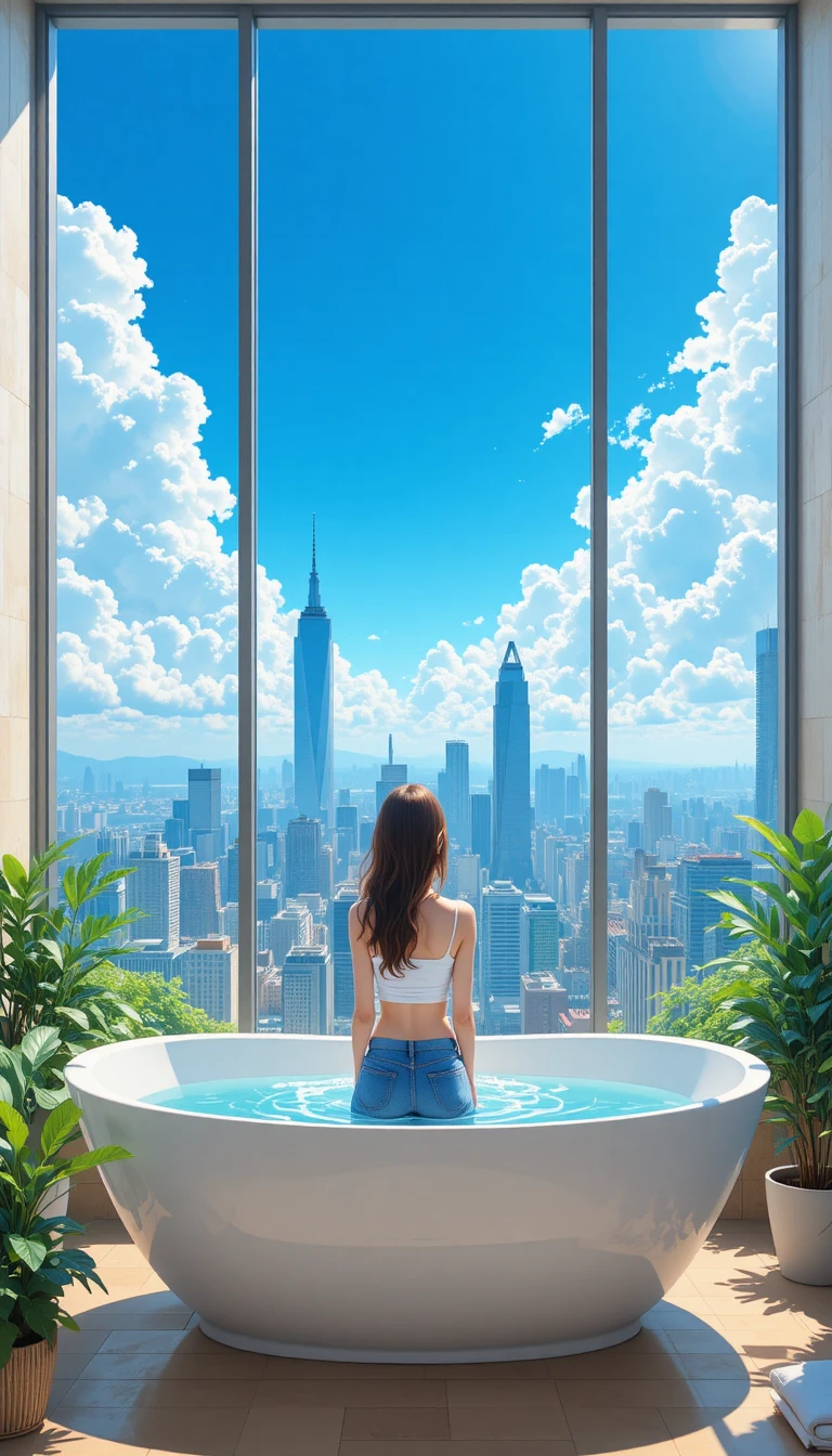 Anime girl on bathtub edge facing city skyline