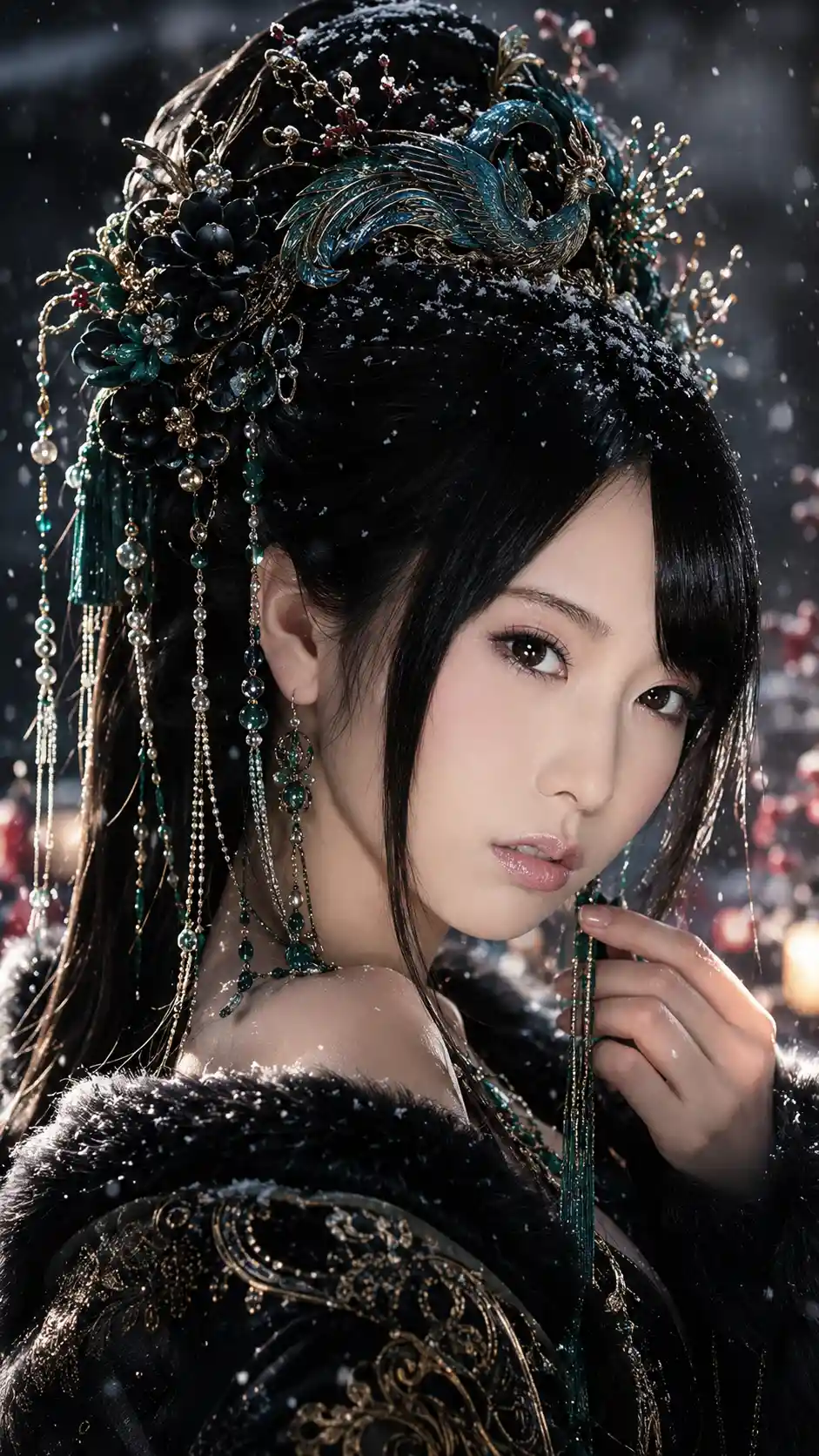 Snowy geisha inspired portrait in a cinematic close up