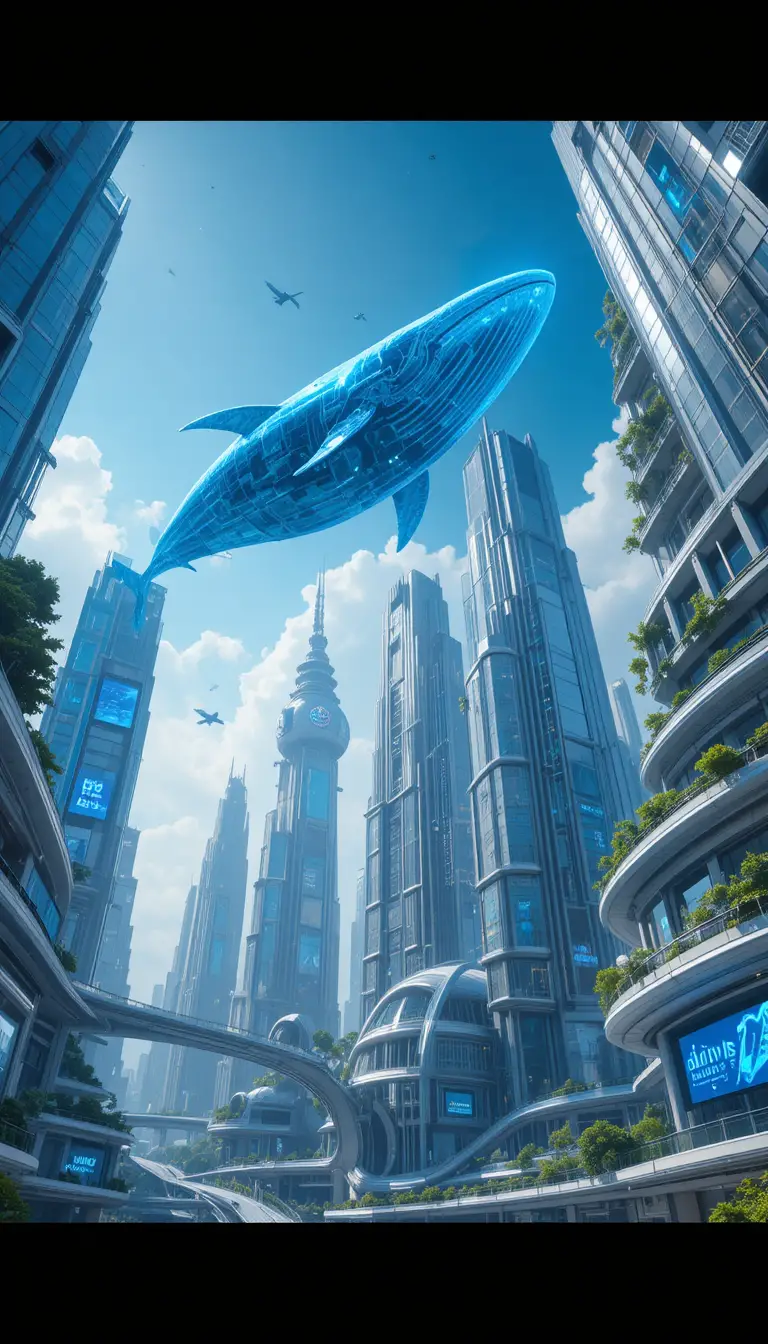 Futuristic city skyline with flying translucent blue whales
