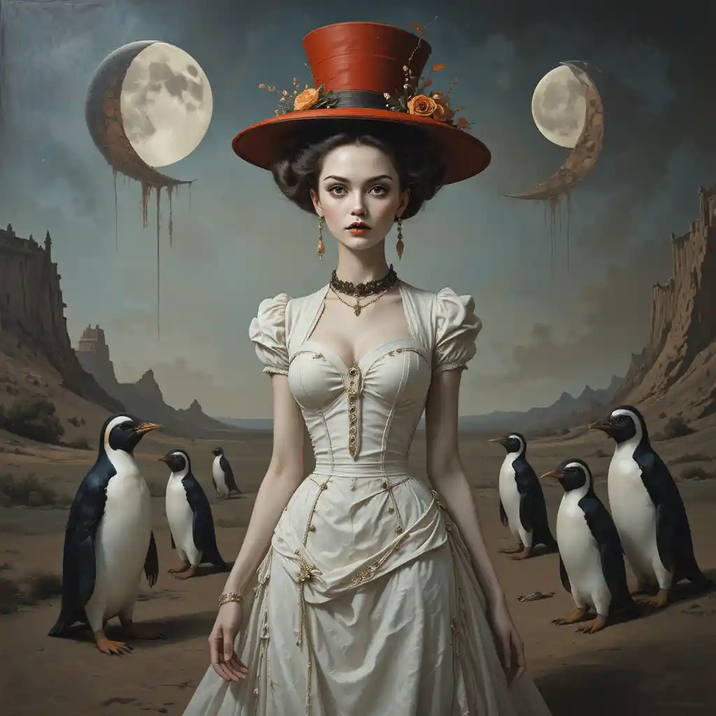 Surreal pin up woman in tattered victorian gown with moons