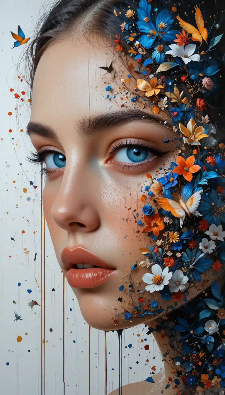 Blue eyed girl portrait merging realism and abstract paint