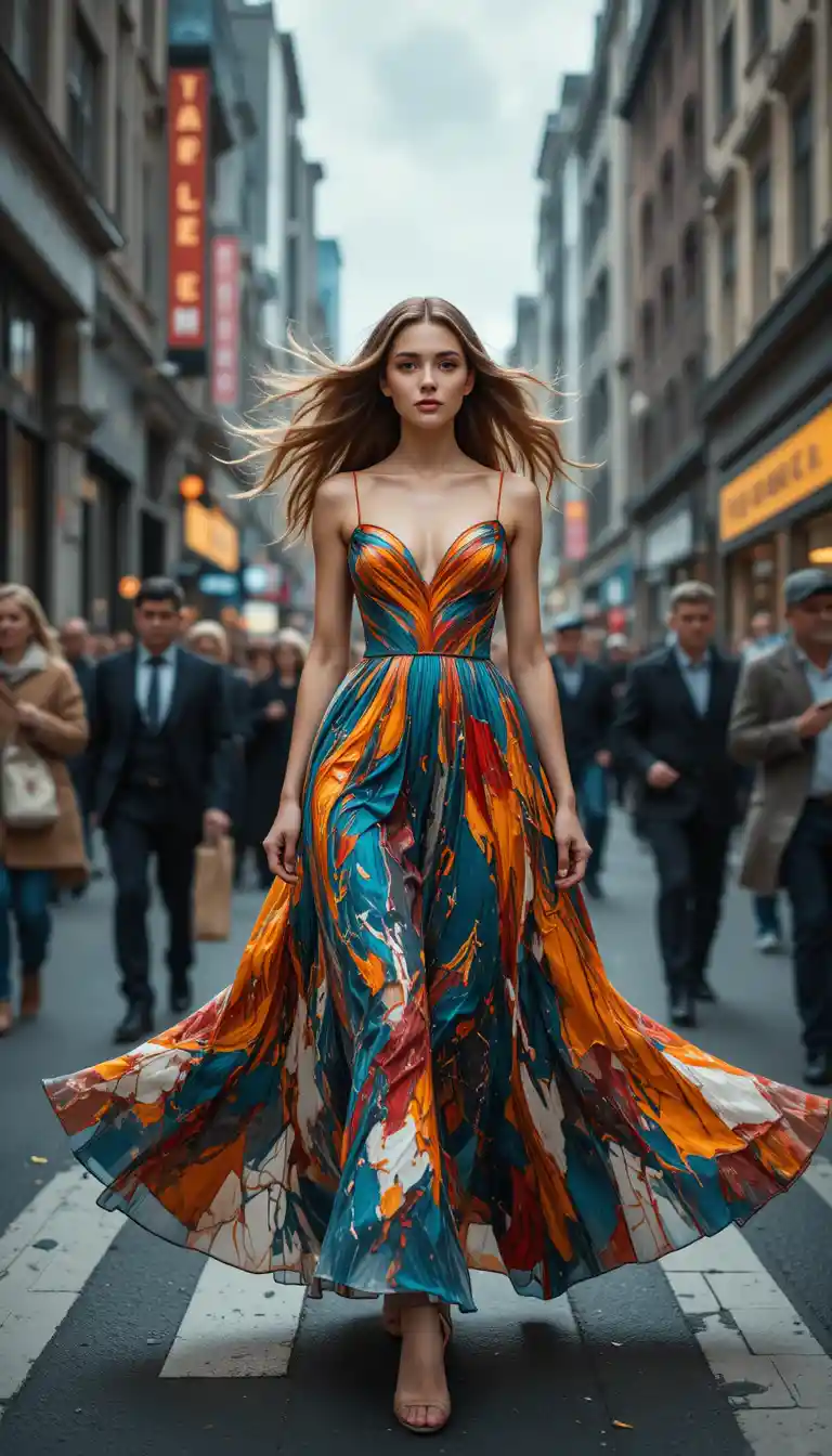Confident woman walking toward camera on busy city street