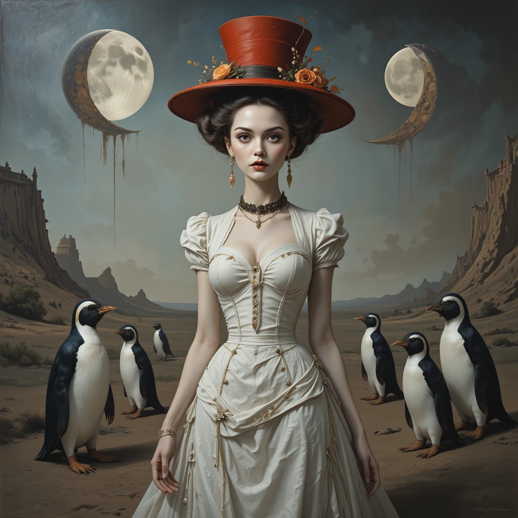 Surreal pin up woman in tattered victorian gown with moons