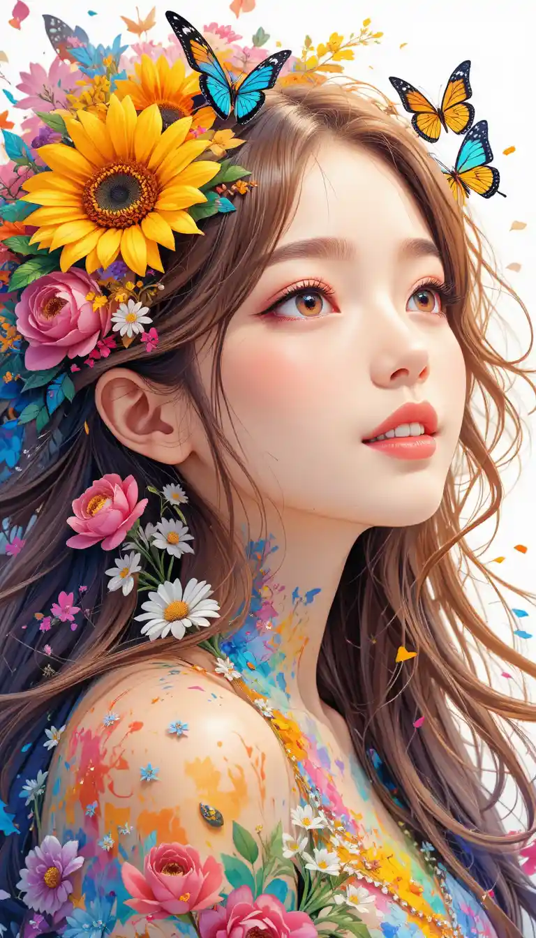 Joyful anime girl with floral hair and butterflies