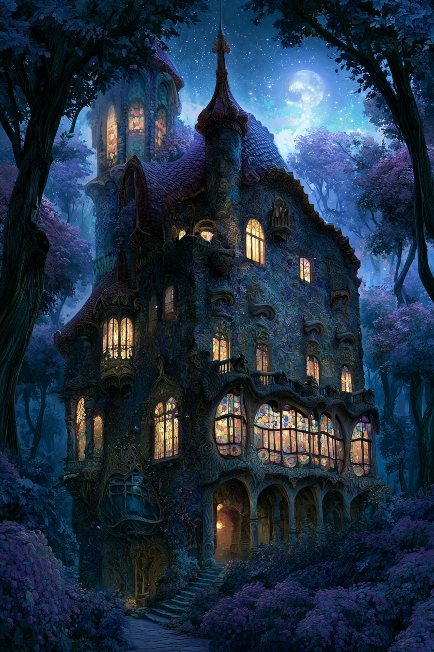 Castillo encantado entre árboles en un bosque nocturno mágico