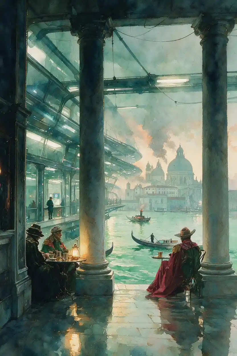 Venetian style watercolor view of a dusky canal city