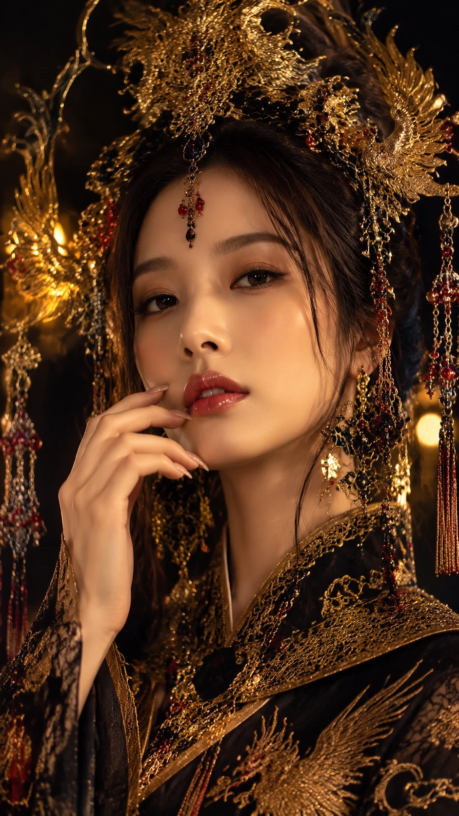 Retrato de mujer oriental regia en palacio negro y dorado