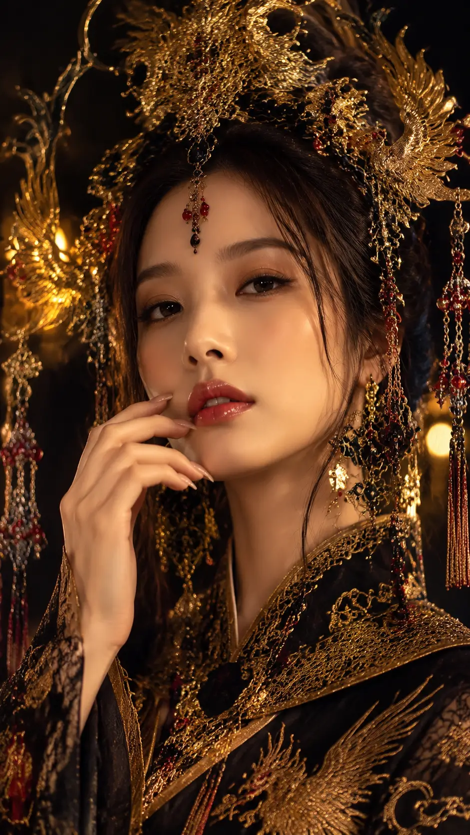 Regal oriental woman in black and gold palace portrait