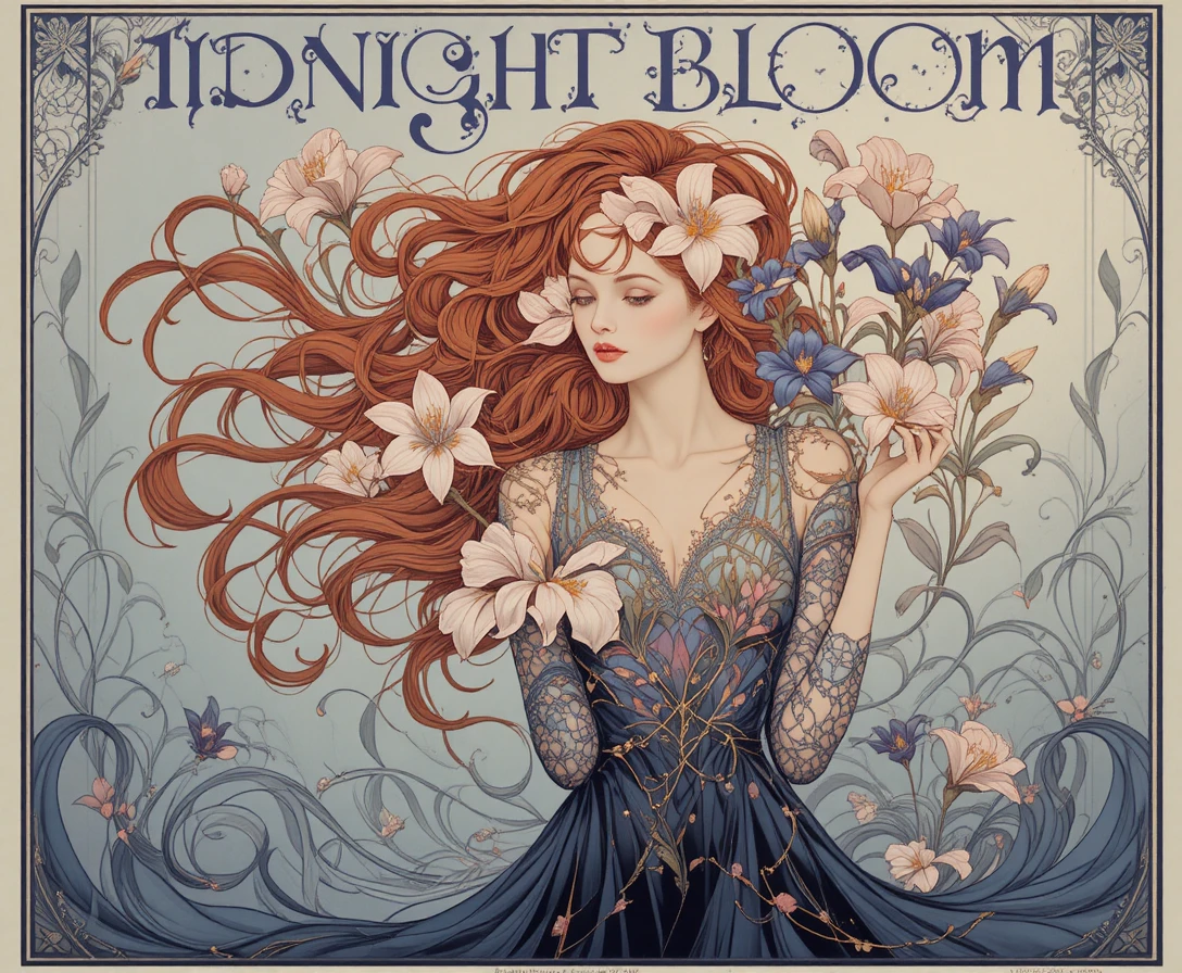 Póster de perfume art nouveau con mujer floral serena
