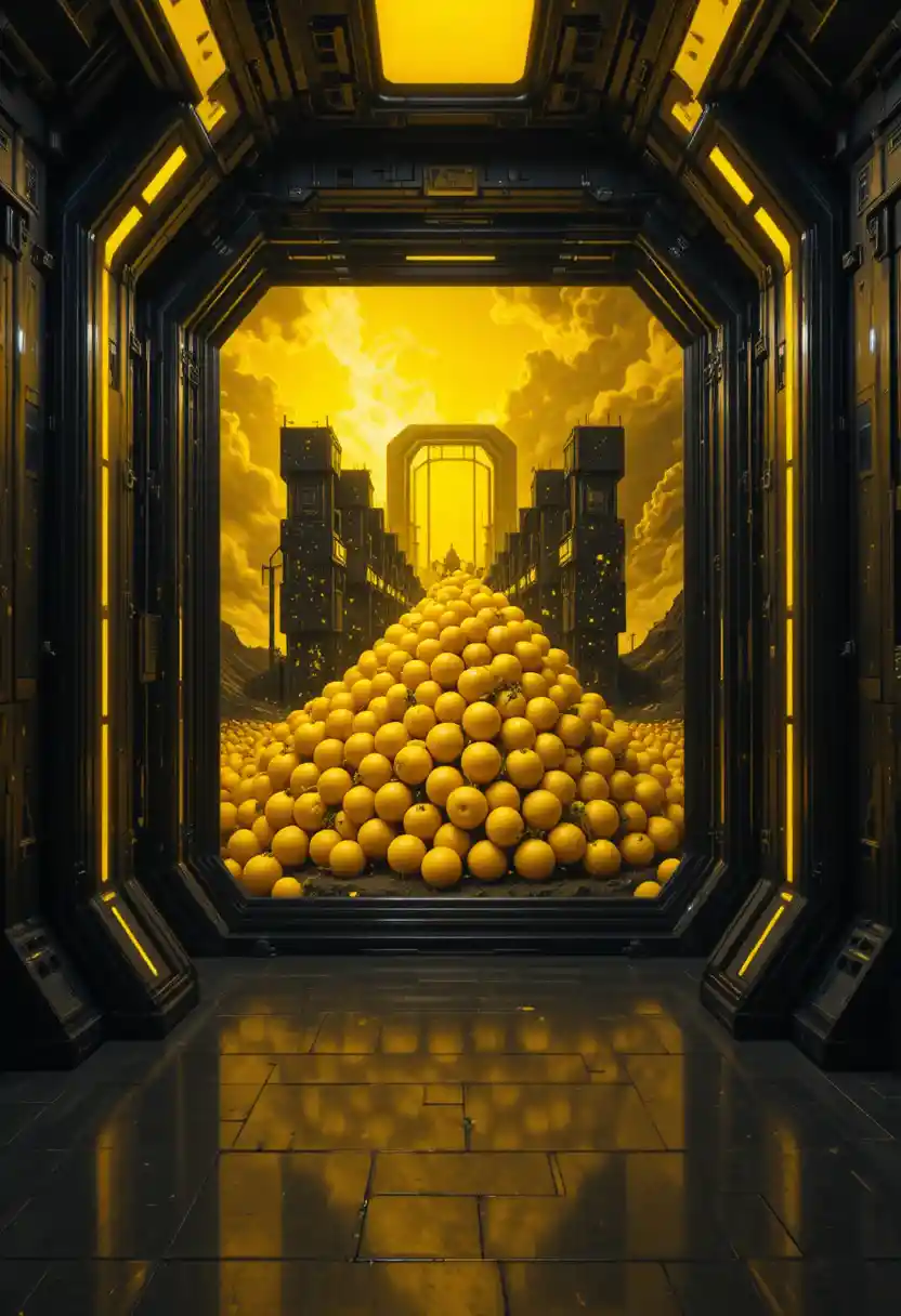 Futuristic museum wall with glowing yellow tomato painting