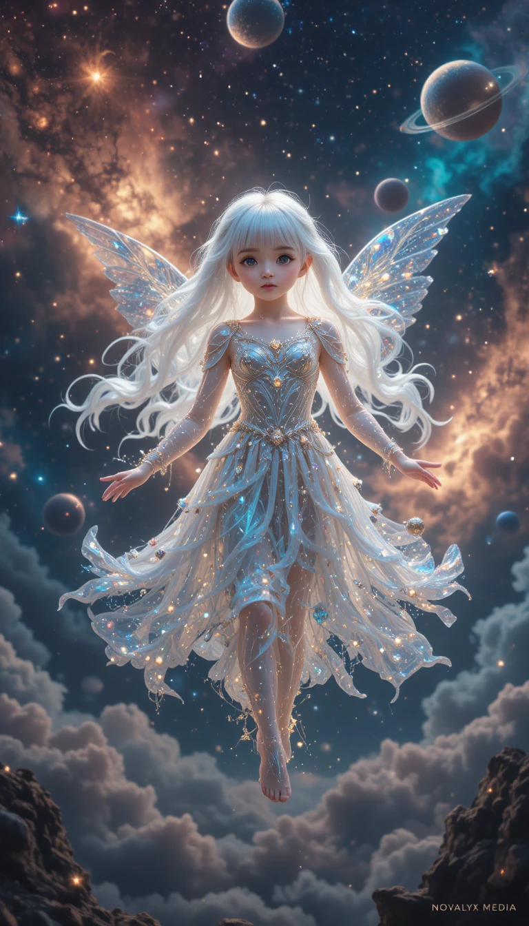 Ethereal cosmic girl drifting gracefully through distant galaxies