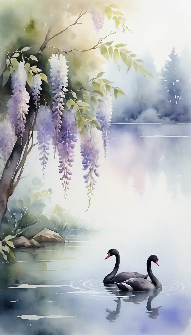 Impressionist lake with black swans and blooming wisteria