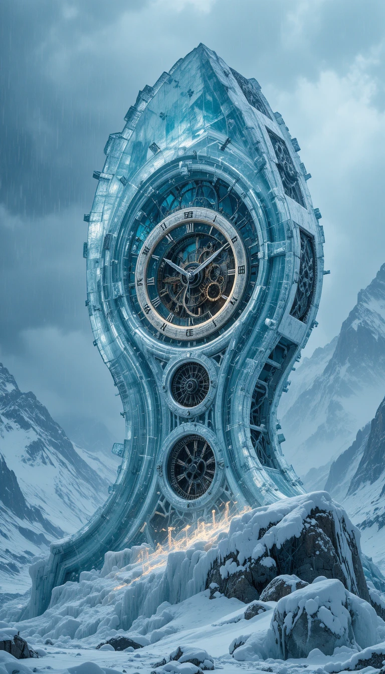 Kolossaler Gletscher-Uhrturm im surrealen Schneesturm