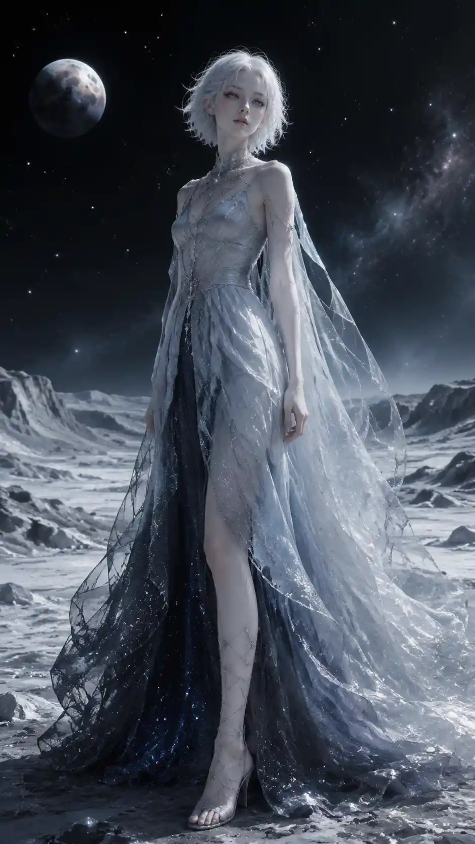 Ethereal woman embodying the distant icy spirit of Pluto