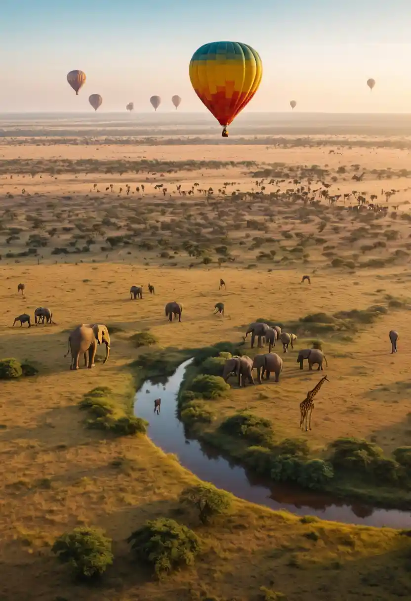 Colorful hot air balloon over savanna at sunrise