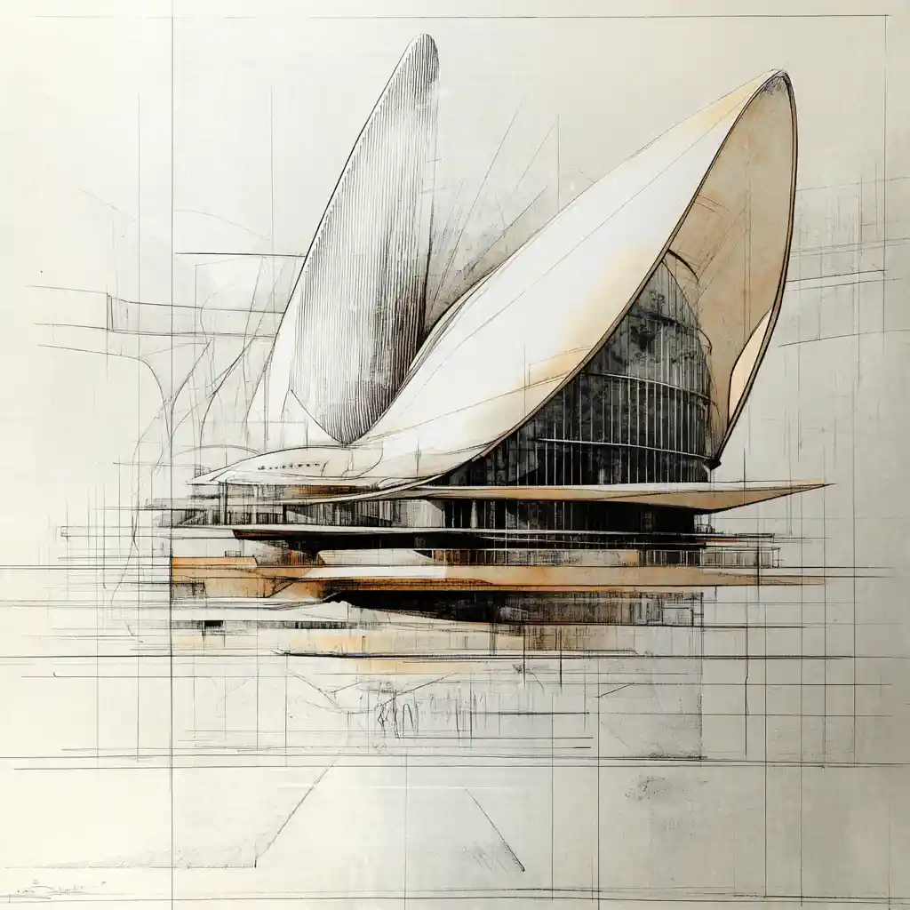 Technical concept sketch of an Art Moderne style city building
