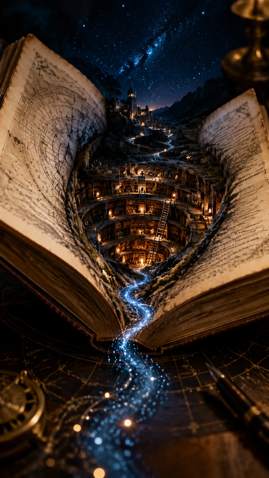 Macro view of ancient book with glowing river of light