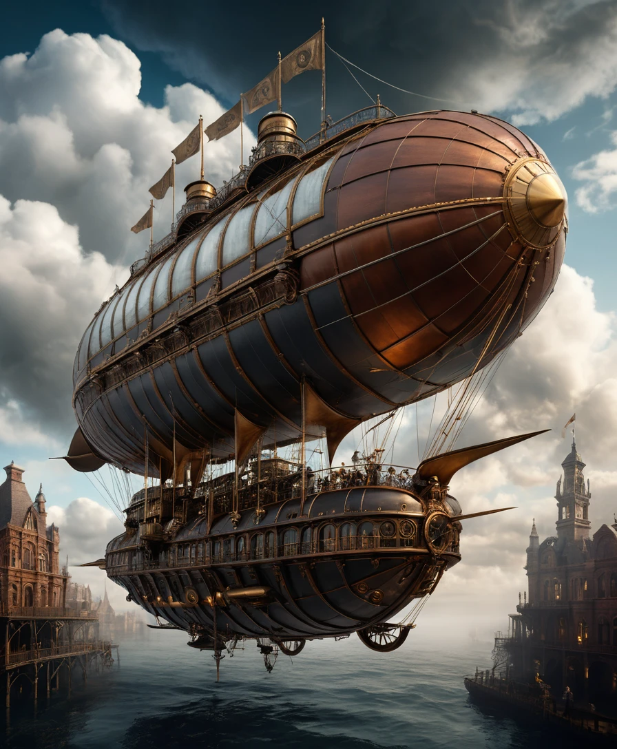 Colossal steampunk airship above dark stormy clouds