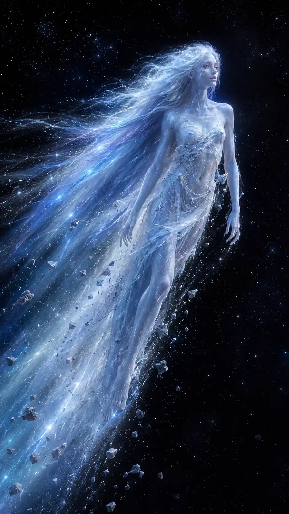 Ethereal comet woman with luminous trailing hair in space