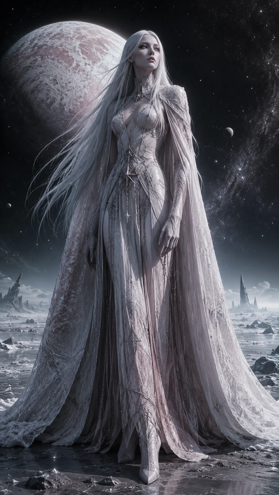 Tall icy woman embodying the distant dwarf planet Eris