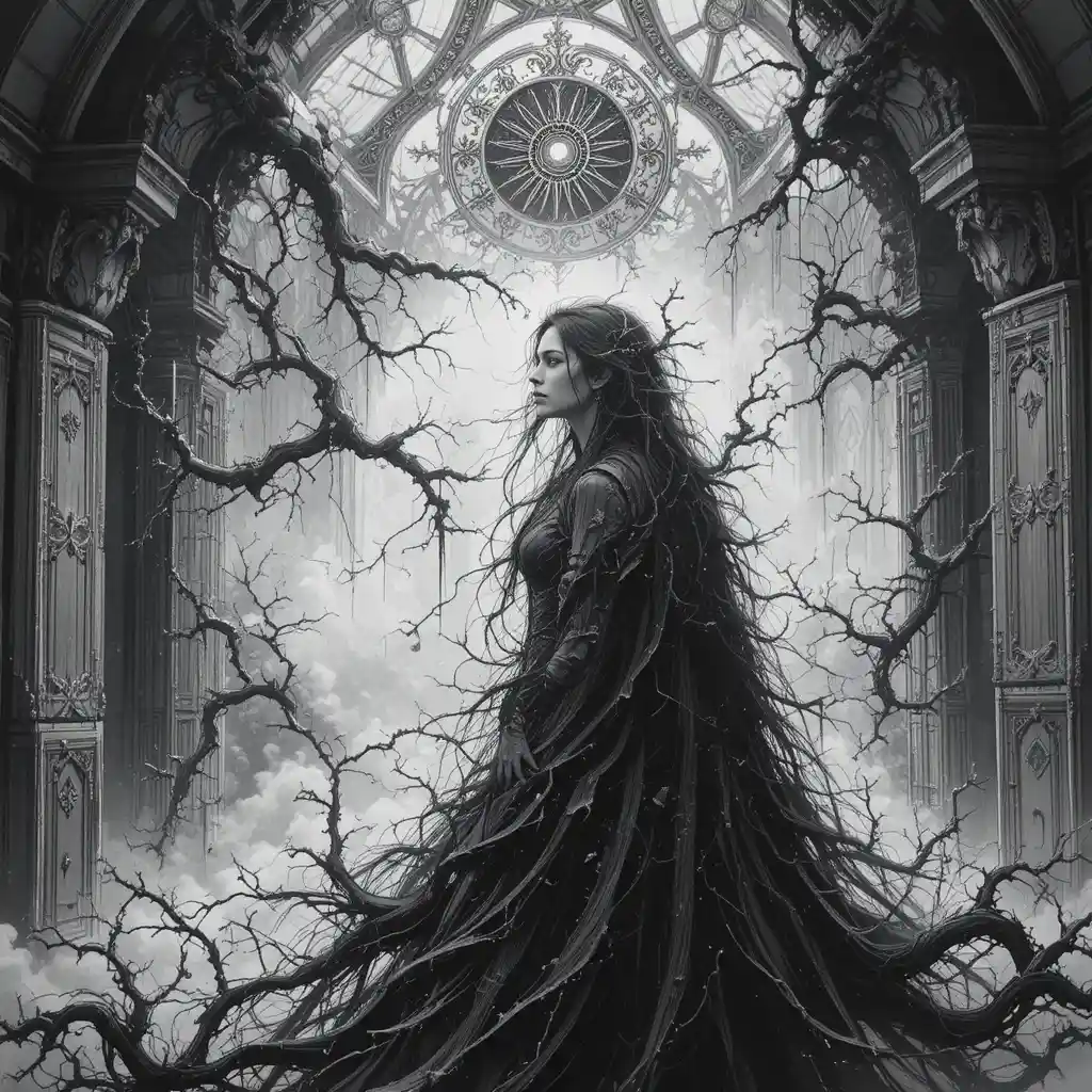 Seductive dark fantasy woman in dramatic ink portrait