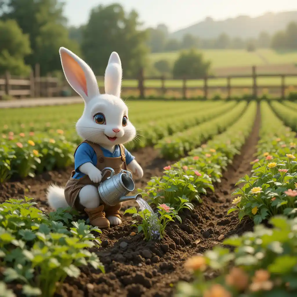 Cute rabbit planting carrots on a sunny green farm