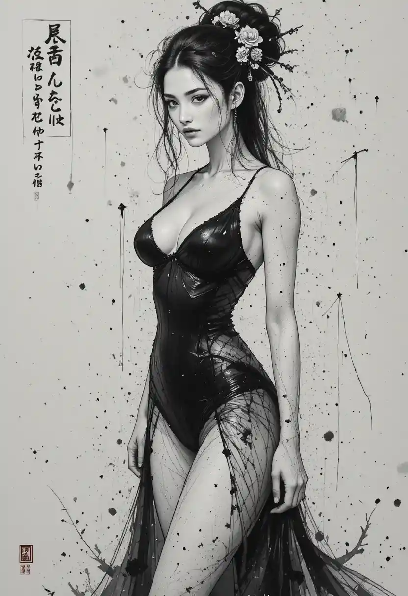 Elegant ink portrait of an oiran woman in monokini