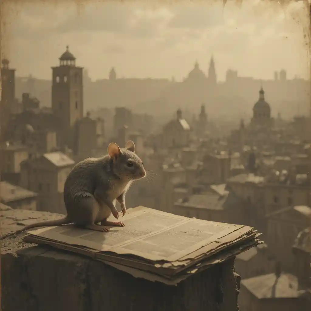 Lonely mouse on an old city photograph in soft light