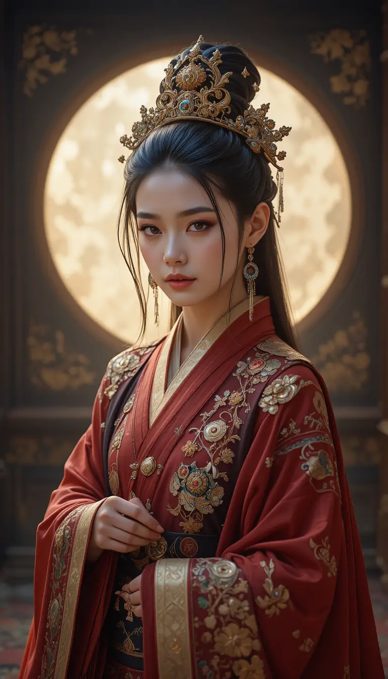Regal oriental woman in black and gold palace portrait