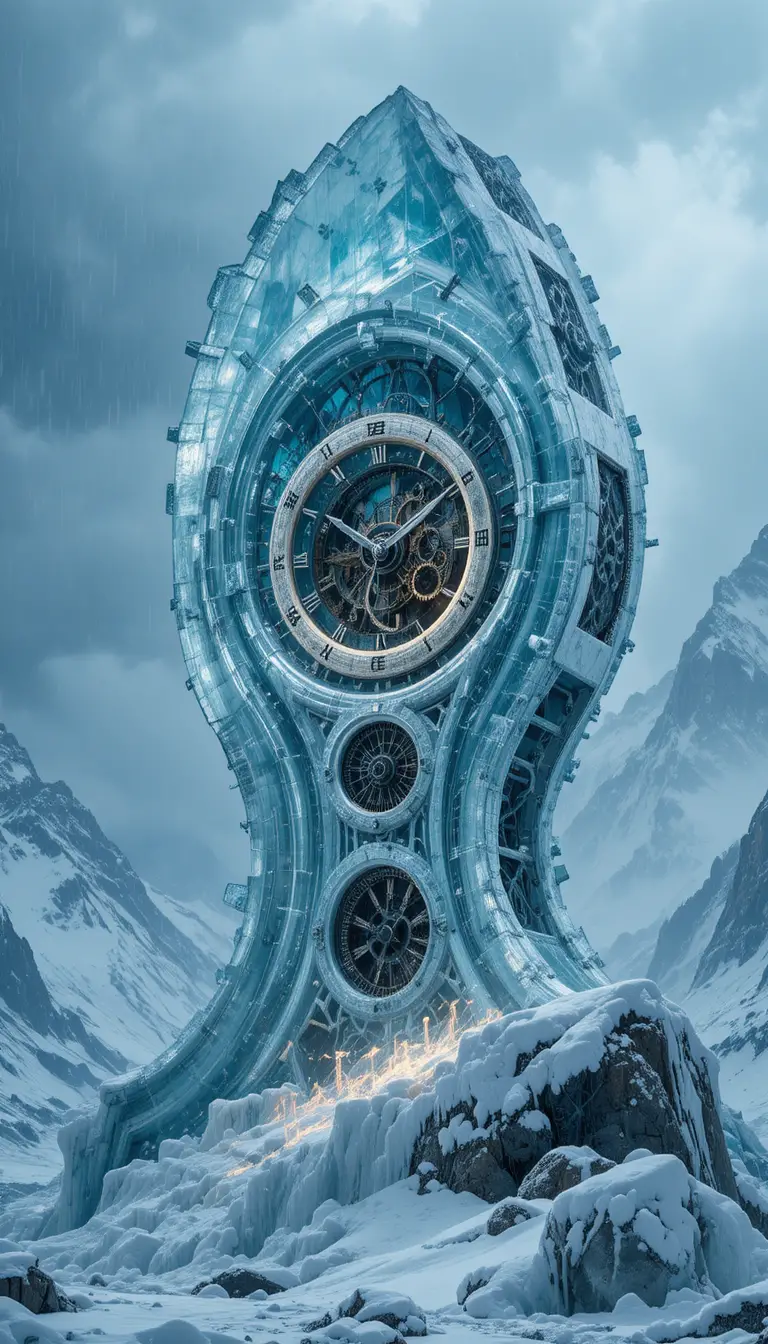 Colossal Glacier Clock Tower In A Surreal Snowstorm