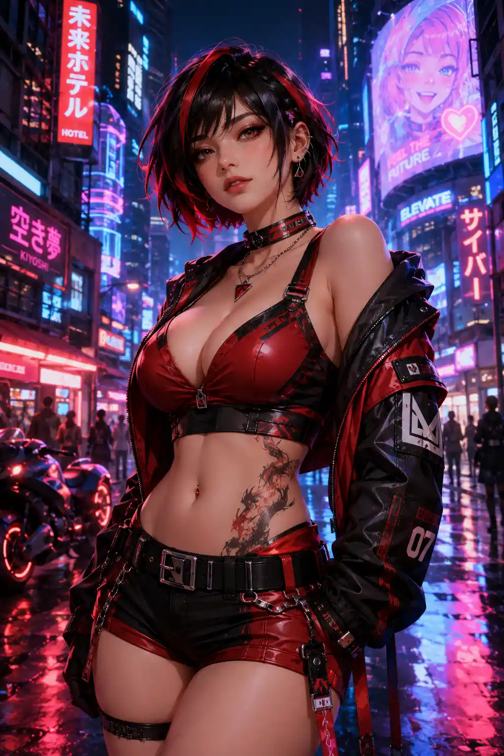 Cyberpunk Girl In Red Outfit On Futuristic City Street