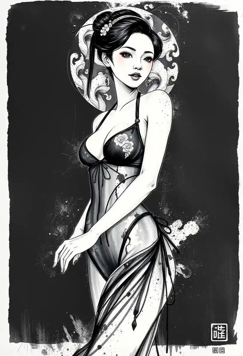 Elegant ink portrait of an oiran woman in monochrome contrast
